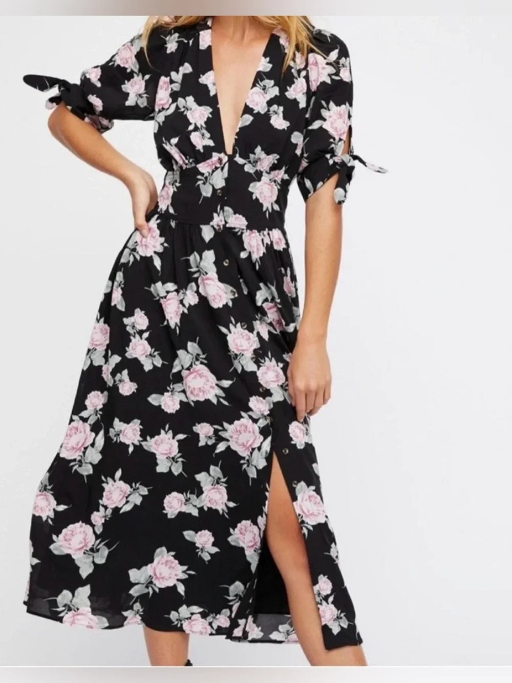 Free People Black Pink Rose Floral Button Front Maxi Dress Tie Sleeve